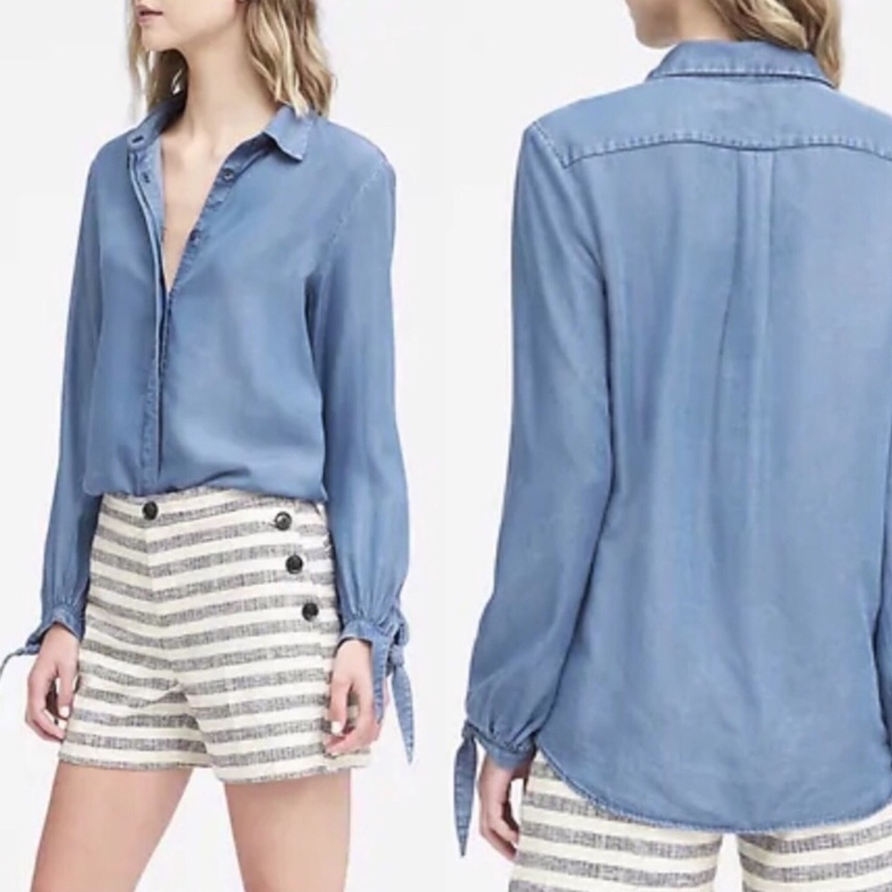 BANANA REPUBLIC sz Small Blouse Long Sleeves Dillon-Fit Tie Cuffs Blue Chambray